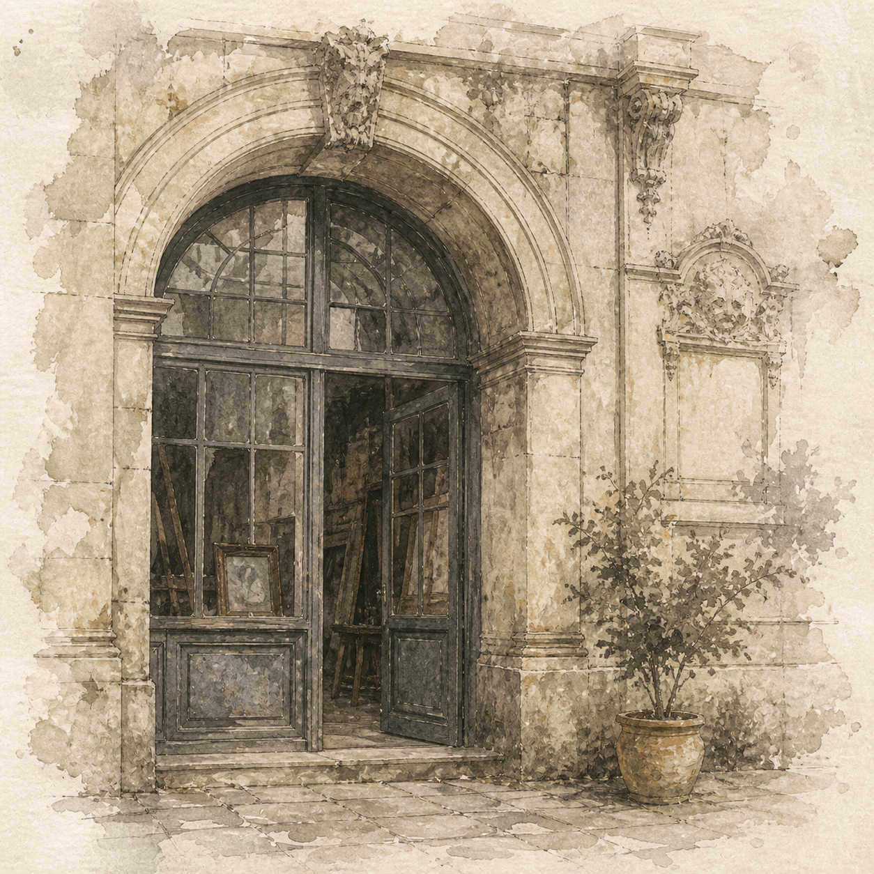 Watercolor architectural doorway with an open passage