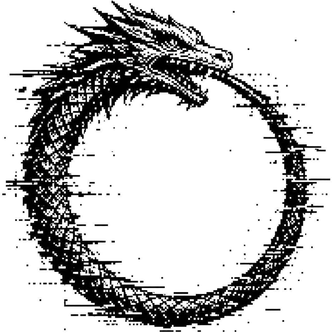 Black pixel-fragmented ouroboros dragon forming an open circle