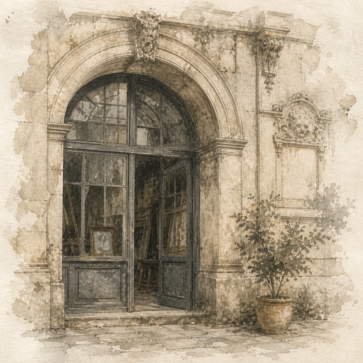 Watercolour study of an old arched doorway standing partly open