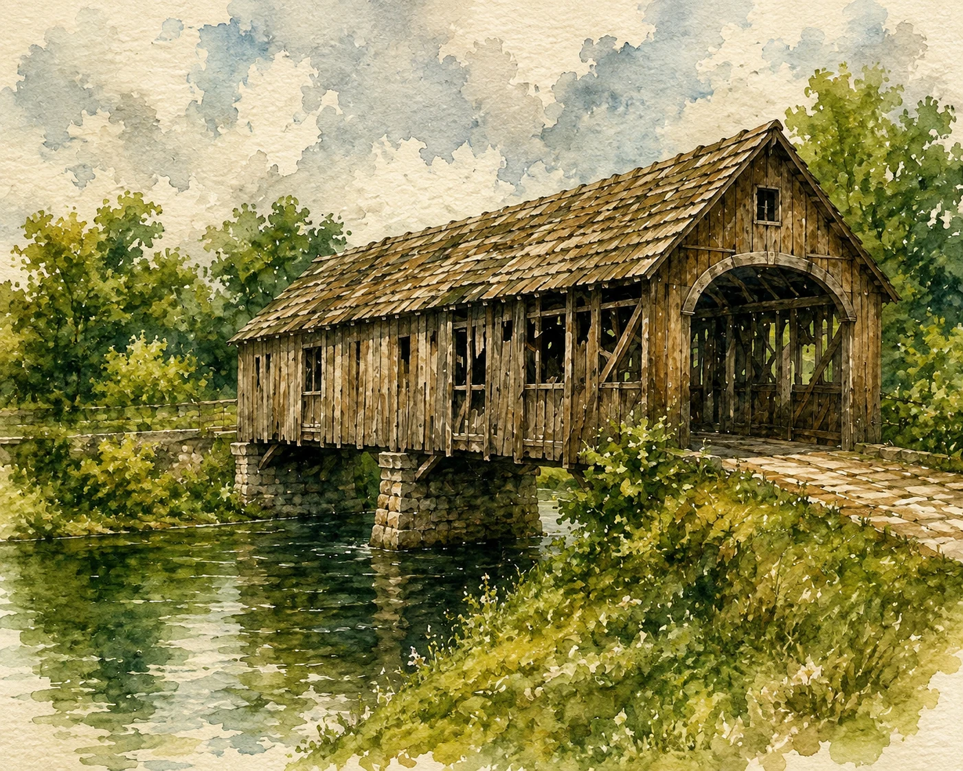 Watercolour study of a covered bridge over a stream