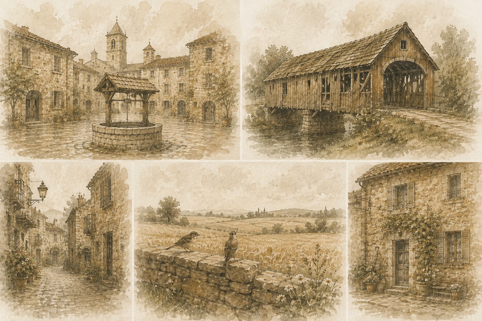 Watercolour studies of a village square, covered bridge, old lanes, birds, and a stone house